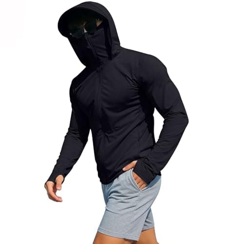 Mens UPF 50+ Sun Protection Hoodies with Mask SPF UV Rash Guard Jackets Summer Casual Long Sleeve Top Lightweight Breathable Shirt Pullover Fishing Running Hiking Athletic Outdoor Performance Uk M-4XL