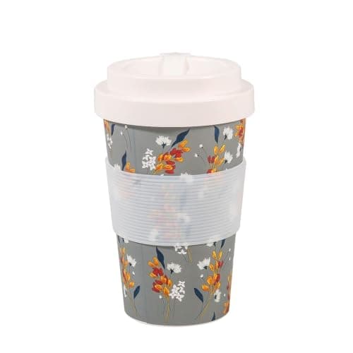 ECO CHIC Recycled Travel Coffee Cup 400ml Microwave Dishwasher Safe Plastic Travel Mug (Flowers Grey)