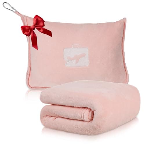 Caffney 2 in 1 Travel Blanket and Pillow, Soft Warm Flannel Airplane Blanket with Storage Bag & Backpack Clip, Compact Foldable Blanket for Long Flights, Train, Car, Office, Camping (Pink)