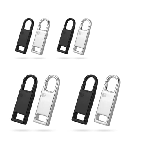 8 Pack Instant Clip-on Zipper Pulls, 2 Sizes No-Tool Slim Hook Replacement for Mini Micro Holes, Detachable Metal Zip Pull Tabs for Luggage Suitcase Jacket Purse, Black & Silver