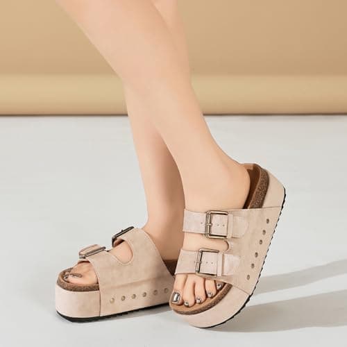 Women's Platform Sandals Cork Footbed Adjustable Double Buckle Slides — view 3