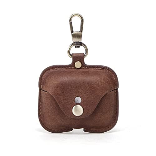 Hiram Genuine Crazy Horse Leather Earphone Case Compatible with AirPods Pro, Durable and soft leather headphone earbuds travel case with Key Chain