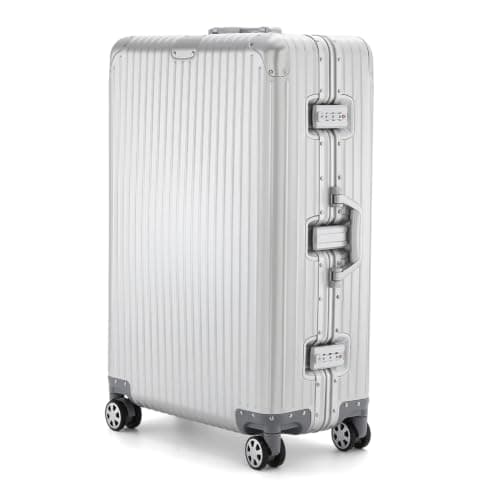 Riigid Silver 28 Inch Aluminium Suitcase Large, Hard Shell Check in Luggage with Removable Wheels, Zipperless TSA Lock, 8 Spinner Wheels, Metal Travel Suitcase, Large Silver Luggage, 77 x 50 x 27cm