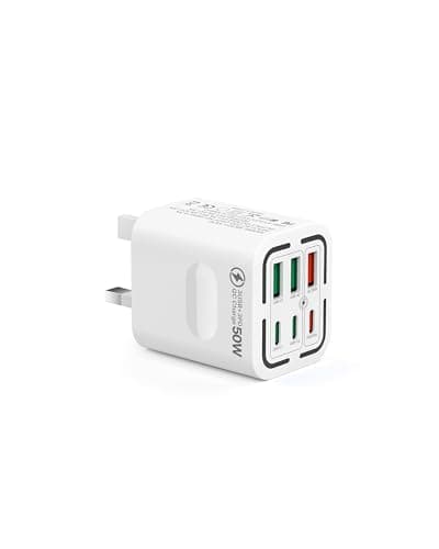 USB C Plug Fast Charge, 50W 6-Port Multi USB Charger Plug UK, 30W PD/PPS + 20W QC Power Adapter, Mains Type C Charging Plug for iPhone 17 16 15 14 13 12 11 Pro Max, iPad, Samsung Galaxy