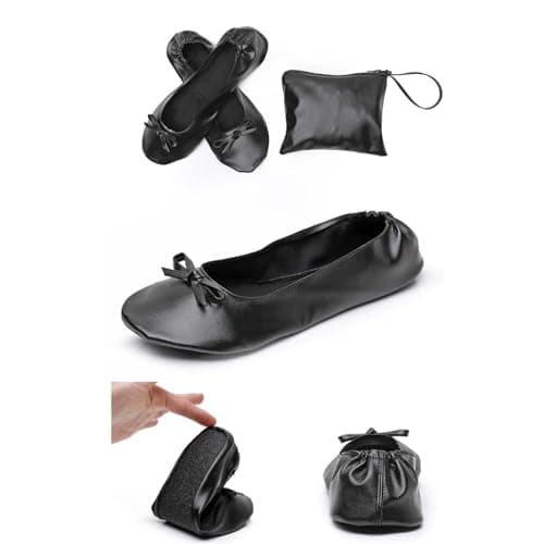 Women's Foldable Ballet Flats with Carrier Pouch Lightweight Comfy Portable Leather Roll Up Pumps with Bow After Party Non-Slip Soft Sole Flat Shoes for Ballerina Wedding & Travel Walking Black — view 2