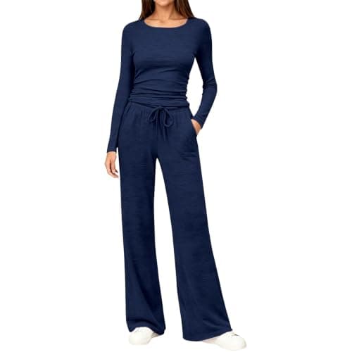 Travel Sets for Women Clothes Wrinkle Free Co Ord Sets for Women Loungewear Tracksuits Long Sleeve Ruched Top and High Waisted Wide Leg Pants Travel Jogging Gym Home Lounge Wear Y2K Going Out Outfits