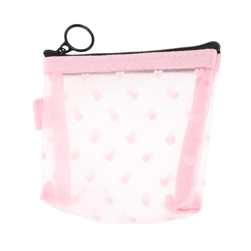Pink Nylon Heart Mesh Coin Pouch Travel Organizer for Women