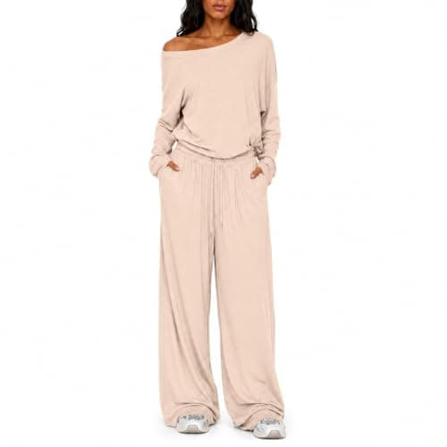 Womens Travel Outfits Beige Two Piece with Wide Leg Trousers — view 2