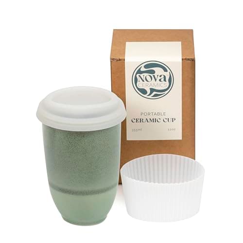 NOVA CERAMICS Travel Mug On the Go Coffee Tumbler Microwave & Dishwasher Safe Green Coffee Tumbler - Gifts for Women Men Him Her 355ml Emerald