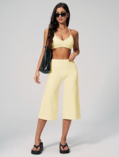 ABOCIW Workout Sets for Women Two Piece Halter Sports Bra Matching Wide Leg Capri Pants Gym Work Yoga Pilates Outfits, Butter Yellow, Large — view 4