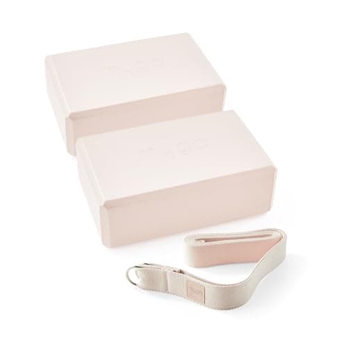 Myga Yoga Blocks & Strap Set - 2 High Density Foam Bricks and Metal D Ring Belt for Yoga, Pilates and Fitness - Support and Deepen Poses, Non-Slip and Lightweight for Home & Gym (Blush)