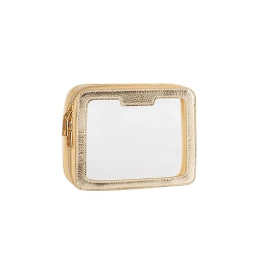 Vegan Leather Gold Toiletry Organizer - Clear PVC Zippered Cosmetic Bag for Travel & Bathroom - Men & Women