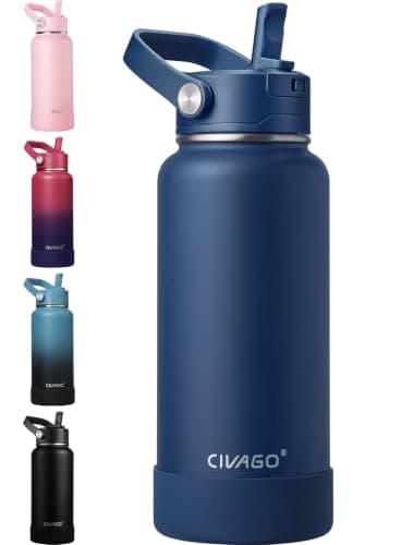 CIVAGO Insulated Stainless Steel Water Bottle with Detachable Straw, 950ml Metal Sports Drink Bottle with Bucket Handle, Leakproof Large Flask with Silicone Boot for Gym, Dishwasher Safe, Navy