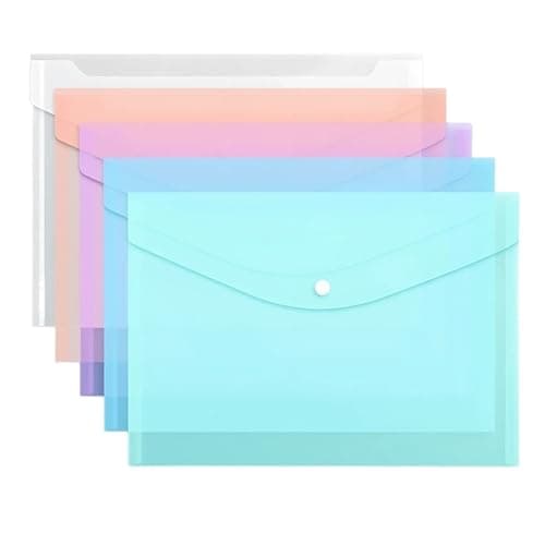 Waterproof Plastic Folder 5 PCS Document Bag Set Portable A4 Size Stationery Storage Assorted Color Plastic Waterproof File Envelopes Snap Closure(5PCS Colorful)