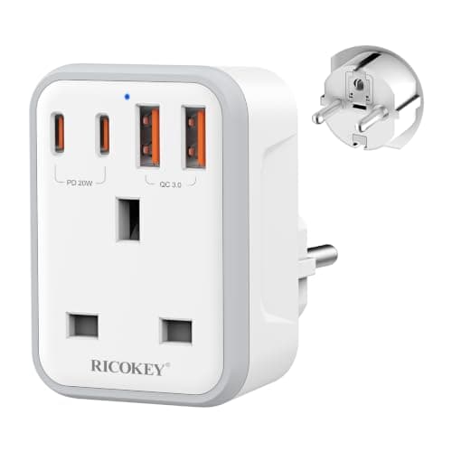 UK to European Travel Plug Adapter Fast Charge PD 20W USB-C QC 3.0