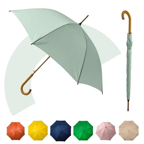 Jollybrolly Large Umbrella Mint Green| Wooden Walking Stick Umbrella, Crook Handle Large Canopy for Sun Protection Rainproof | Strongest Windproof Travel | Mens Umbrella Waterproof Long Stick