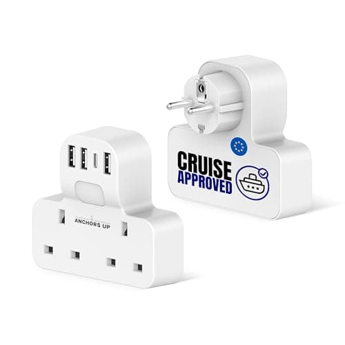 Cruise Approved 7-in-1 Travel Adapter – Non Surge for Cruise Ships – 4 USB Ports and Night Light – Works on P&O, Marella, MSC, Carnival, Princess, NCL, Disney, Fred Olsen – Cruise Essential (EU Plug)