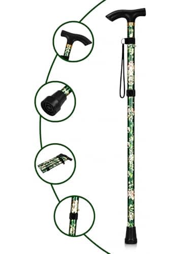 ZallyX Foldable Walking Sticks for Men & Women, Adjustable height (85–95cm) Ladies Walking Stick, Mobility aids, Collapsible walking stick For Elderly Adults (Green Flower) — view 2