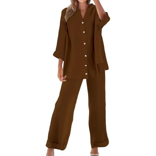 EMUKFD Co Ords Sets for Women Uk Linen 2 Piece Outfit Airport Travel Lightweight Co Ord Sets Summer Loungewear Solid Long Sleeve Button Up Shirts Wide Leg Trousers Leisure Beach Set Yoga Jogging Suit — view 4