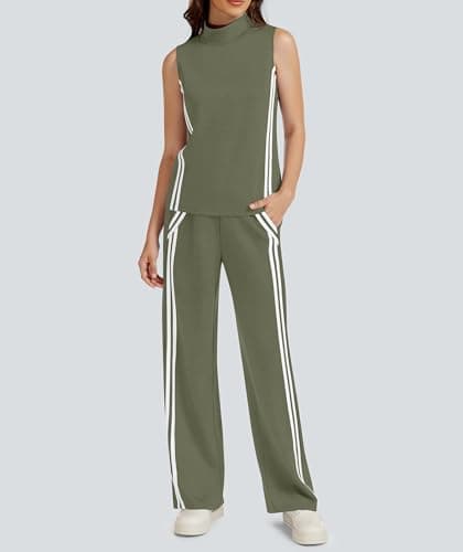 Casly Lamiit Womens 2 Piece Lounge Set Stripes Travel Outfits Sweatsuit Mock Neck Tank Top Wide Leg Pants Casual Activewear, Olive Green, XL — view 3