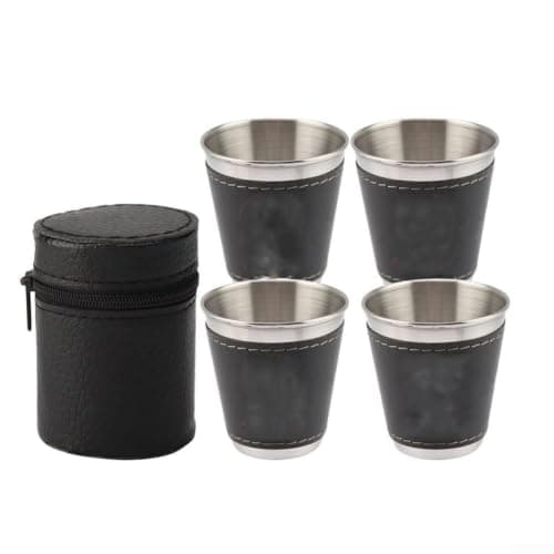Portable Stainless Steel Cups 70ml Stackable Travel Mug Set with Leather Bag for Camping Hiking Picnic Outdoor Activity Black