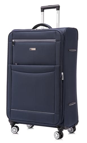 DK Luggage Ultra Lightweight Only 3.3kg Large 28 Inch Soft Shell Suitcase, 4 Wheel Spinner Checked Luggage 23kg–25kg Capacity, Expandable Travel Case (WLS Navy, Large)