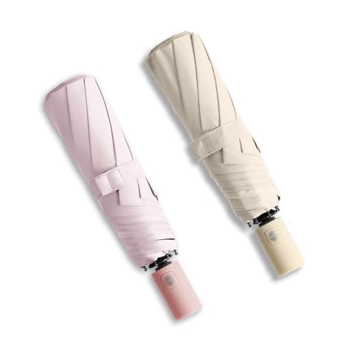 BAODINI Small UV Protection Travel Umbrella Compact for Rain and Sun UPF 50+ Windproof Portable 42 inch Umbrella for Women and Men Pink && Beige