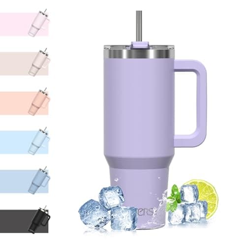 WATERSY Travel Mug Coffee Cup 40oz Tumbler Straw Lid and Handle, Stainless Steel Double Wall Vacuum Insulated Coffee Water Bottle Thermal for Cold Hot Coffee 1182ml Purple