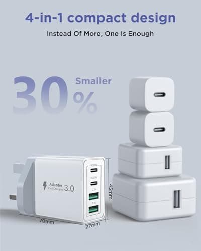 USB C Plug, 40W 4-Port Fast Charger Plug UK With USBC to USB C 2M, Multi USB Charger Dual Port PD Power Adapter +QC Wall Charger Multiport Mains Type C Charging for iPhone, Samsung, iPad — view 6