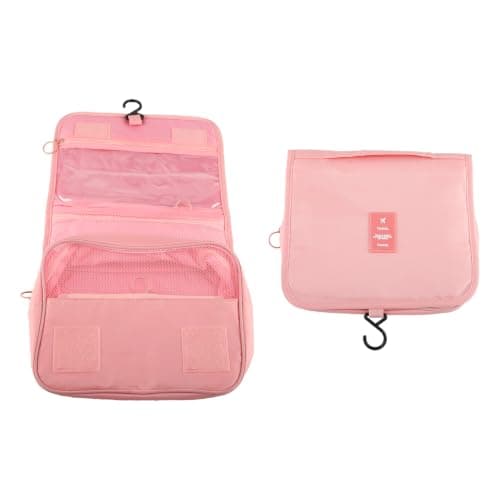 Lotsdonxia Hanging Wash Bag, Compact Travel Toiletry Organiser Portable Cosmetic Case, Durable Bathroom Storage Pouch, Holiday Essentials Accessories, Train Case Makeup Kit(Pink)