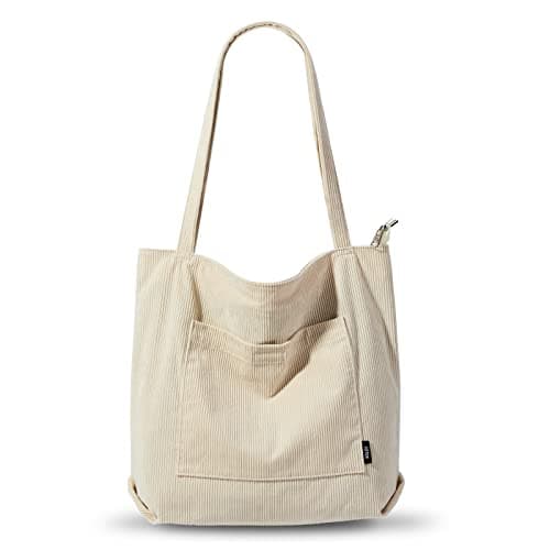 KALIDI FANCY FOREST KALIDI Corduroy Tote Bag with Zipper Waterproof Cord Tote Bag with Pockets Compartts Large Capacity Shoulder Bags Handbags for School Work Shopping Travel Daily Use,Beige
