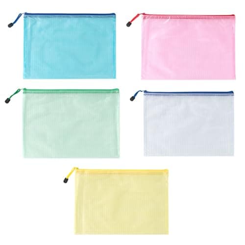 5-Pack A5 Document Wallets with Thickened Grid Zippers, Waterproof PVC Folders for Office, School, and Travel Organization - Assorted Colors