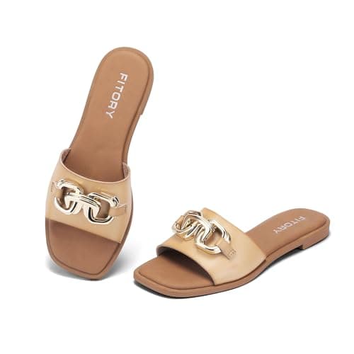 FITORY Women Flat Sandals Slip On Leather Slide Summer Light Brown Size 5