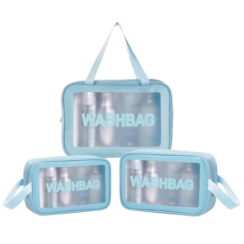 Aucuu 3PCS Clear Toiletry Bag, Wash Bag, Clear PU Makeup Bags, Waterproof Toiletry Travel Bags with Zipper Handle, Portable Airport Cosmetic B-ag for Travel Bathroom Men Women（Blue） — view 2