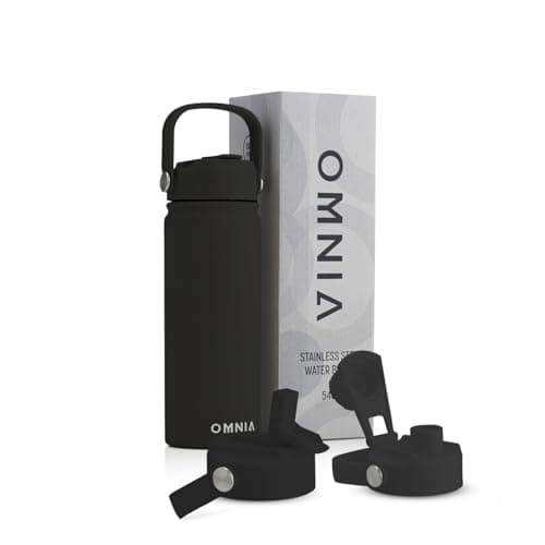 OMNIA NUTRIENTS Vacuum Insulated Stainless Steel Water Bottle, 2 Lids (Straw & Spout) Leakproof, BPA-Free, Reusable Flask Ideal for Travel and Outdoors (Black - 540 ml)