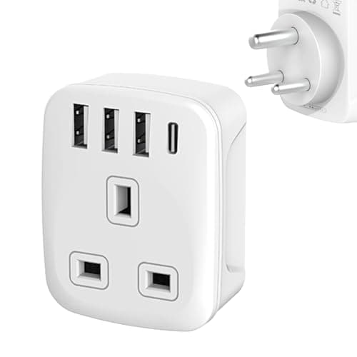 UK to India Plug Adapters, India Power Converter with 4 USB (1 USB C) Grounded Universal Travel Adapter 3 pin for India,Sri Lanka,Pakistan,Burma,Yemen etc (Type D travel adapter)