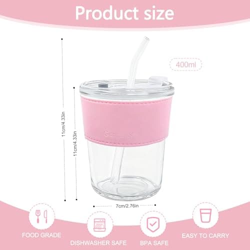 LTHERMELK Tumbler with Straw and Lid - 400ml Glass Straws, Cold Brew Iced Coffee Cup for Car Travel, Reusable Frosted Glass Tumbler with Leather Sleeve & Straw (Pink) — view 2