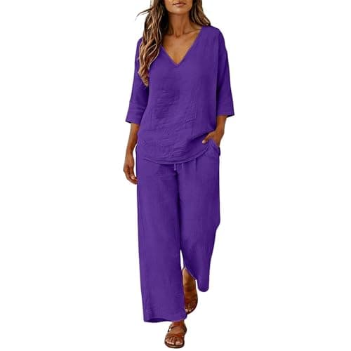 2 Piece Lounge Set for Women V-Neck Short Sleeve Top & Straight Leg Pants with Drawstring Plus Size Comfy Two Piece Outfit Women for Travel & Everyday Size 5XL