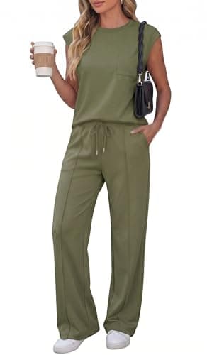 PQCHAOQ Tracksuit Womens Full Set Summer Airport Two Piece Travel Outfits Lounge Wear Casual Cap Sleeve Top & Wide Leg Trousers with Pockets (L,ArmyGreen)