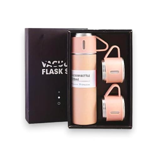 Modern Travel Thermal Flask Set - Flask Set Stainless Steel Vacuum Insulated Bottle with Extra 2 Cup for Hot and Cold Drink (Pink)