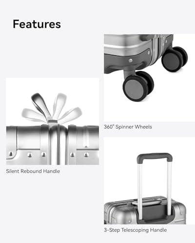 Luggex Aluminium Suitcase, 100% Aluminum Carry on Suitcase, Zipperless Luggage Hardshell Metal Suitcases with 8 Spinner Wheels, TSA Combination Lock (55 x 38 x 23.8 cm, 40L, Silver) — view 5