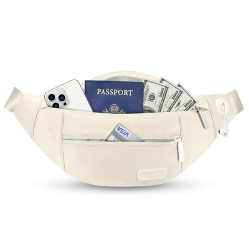 MAXTOP Large Bumbag Waist Fanny Pack Running Belt for Men Women Unisex Bum Bag with Headphone Jack and 4-Zipper Pockets Adjustable Belt for Travel Running Jogging Workout Hiking Gifts Beige