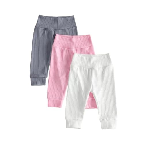 JCOPLY Baby Girl Leggings 3 Pack Set Toddler Ribbed Cotton Trousers 0-3T (Gray White Pink, 2-3 Years)