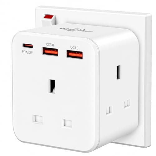 3 Way Plug Adapter UK with PD20W USB-C & QC 3.0, 6-in-1 Multi Plug Adaptor