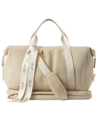 MOIY Water roof Gym Bag for Women with Shoe Compartment, Weekender Bags for Women Travel, Carry on Bags for Airplane, Neoprene Travel Bag, Yoga mat Bag, Beige, Duffle Bag with Detachable Strap