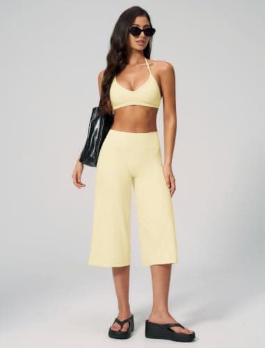 ABOCIW Workout Sets for Women Two Piece Halter Sports Bra Matching Wide Leg Capri Pants Gym Work Yoga Pilates Outfits, Butter Yellow, Large — view 5