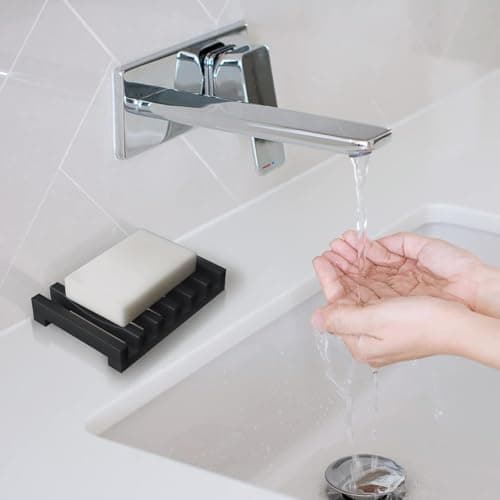 ZHjuju Soap Dishes,2 Pcs Soap Dish with Drain Spout Silicone Rubber Drainer Dishes Soap Holder Soap Tray Soap Case Holder for Kitchen Shower Room Bathroom,Black — view 5