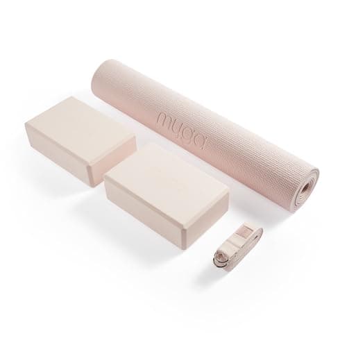 Myga Yoga Starter Set – Yoga Mat, 2 Yoga Blocks & Strap with Metal D-Ring – Non-Slip Yoga & Pilates Kit for Home Workouts & Fitness – Lightweight & Durable | 173cm x 61cm x 4mm (Blush)