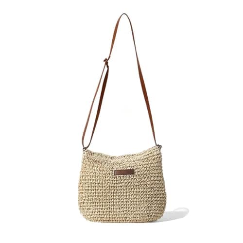 Businey Straw Bag for Women, Summer Straw Beach Crossbody Bags for Women with Zipper Adjustable Strap, Bohemian Weave Handmade Shoulder Handbags for Holiday Beach Travel