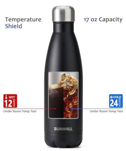 SUNWILL Insulated Water Bottle Metal, 500ml Stainless Steel Reusable Thermal Flask for Cold and Hot Drink, Travel, Sports, Gym, Powder Coated Black — view 3